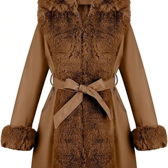 Puffer Jacket Women Winter Fur Lined Camel Coat Long Fur Collar Warm Overcoat - Picture 1 of 5